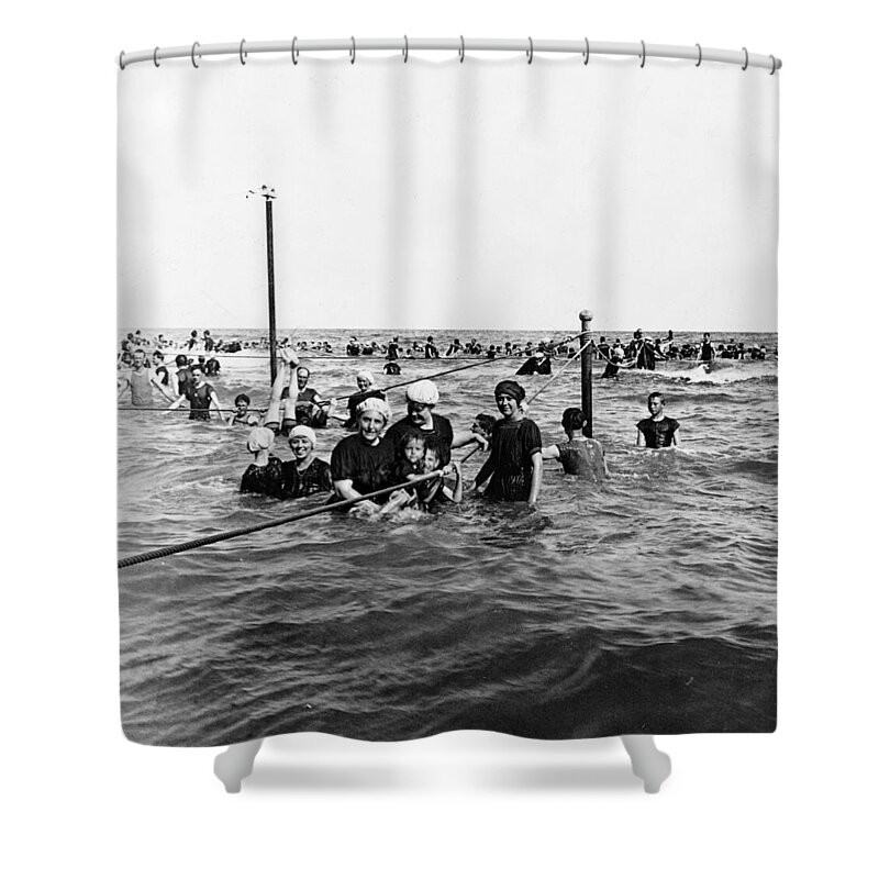 Galveston Shower Curtain featuring the photograph Bathing in the Gulf of Mexico - Galveston Texas c 1914 by International Images