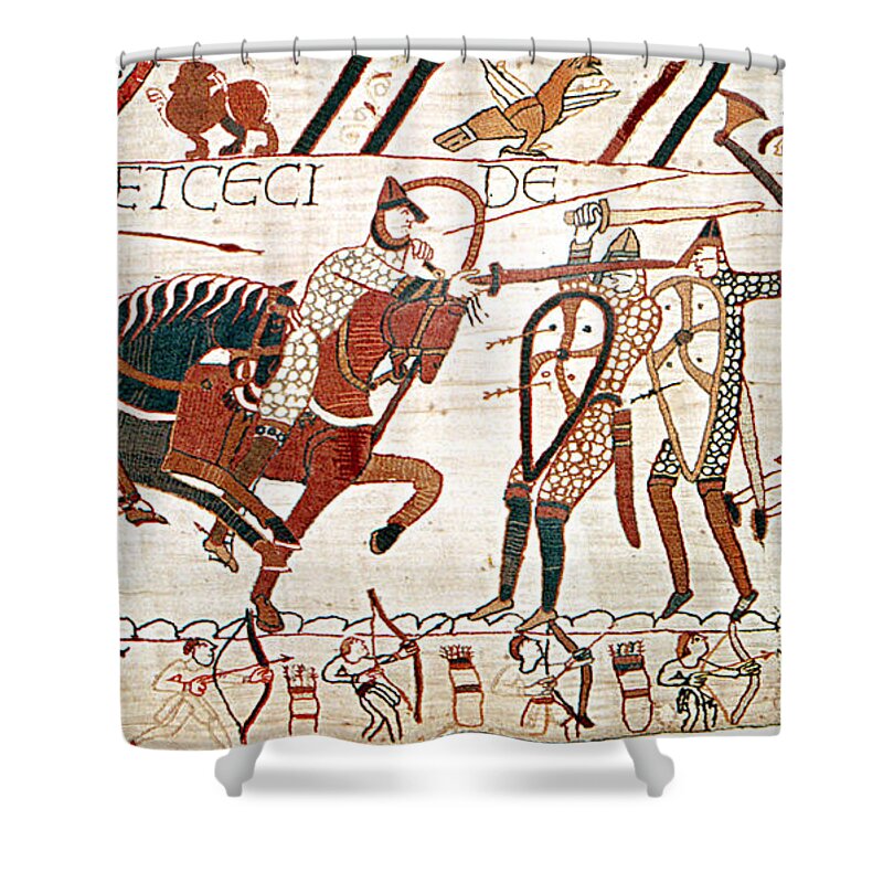 History Shower Curtain featuring the photograph Battle Of Hastings Bayeux Tapestry by Photo Researchers