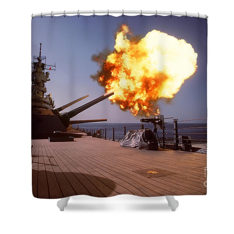 Horizontal Shower Curtain featuring the photograph Battleship Uss Wisconsin Fires One by Stocktrek Images