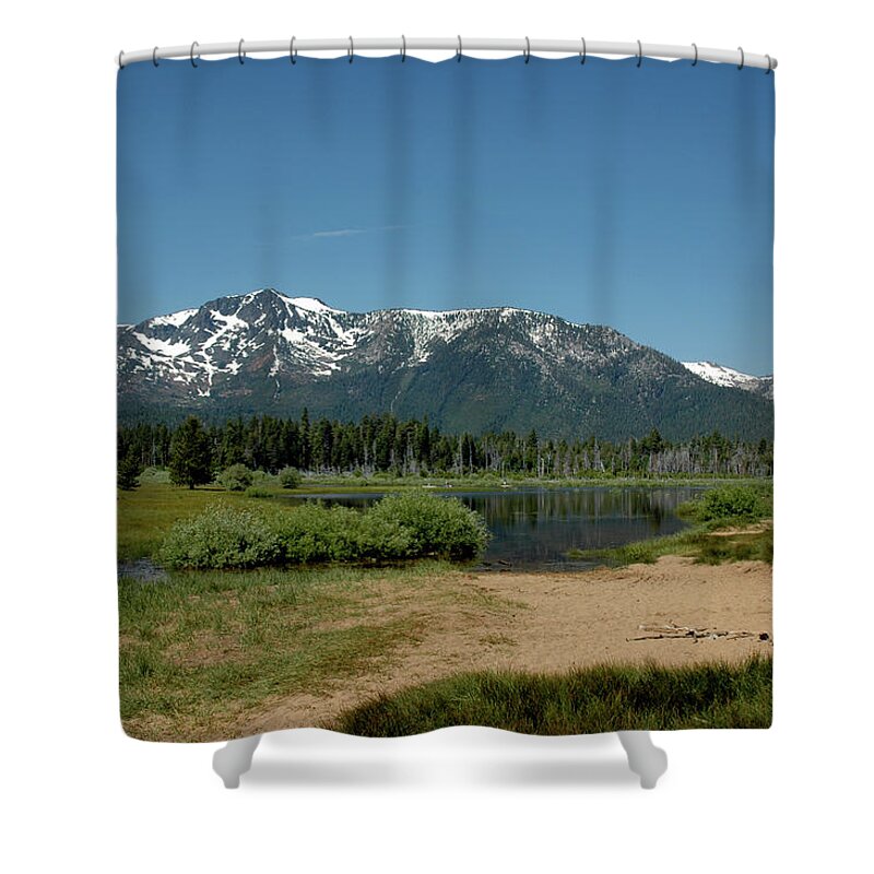 Usa Shower Curtain featuring the photograph Beach Reflections at Mt Tallac by LeeAnn McLaneGoetz McLaneGoetzStudioLLCcom