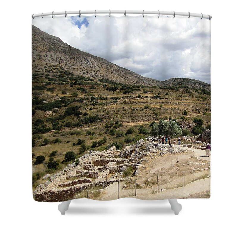 Mycenaean Shower Curtain featuring the photograph Beautiful Mountain Range View of the Ancient Hilltop and Archeological Remains in Mycenae Greece by John Shiron