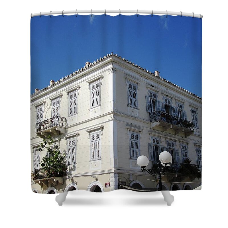 Nafplion Shower Curtain featuring the photograph Beautiful Nafplion Bay Architectural Home Building with Arches in Greece by John Shiron