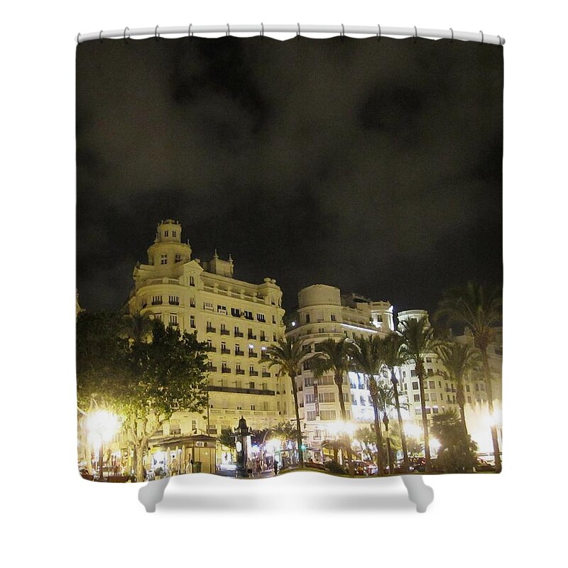 Valencia Shower Curtain featuring the photograph Beautiful Valencia Square Architecture Night Life Street Lamp Poles II Spain by John Shiron
