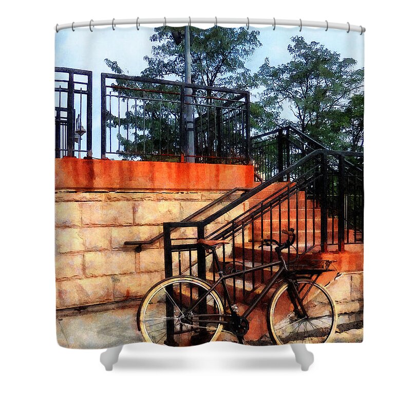 Bicycle Shower Curtain featuring the photograph Bicycle by Train Station by Susan Savad