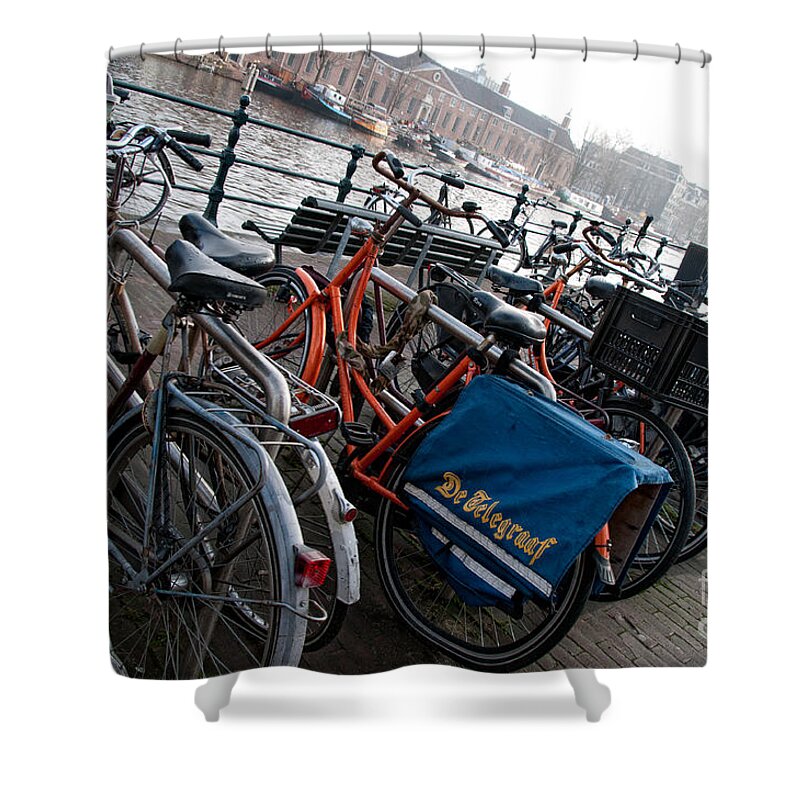 Along The River Shower Curtain featuring the digital art Bikes in Amsterdam by Carol Ailles