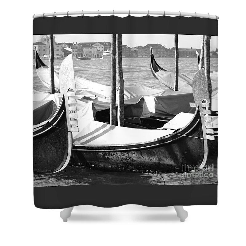 Gondola Art Shower Curtain featuring the photograph Black and white gondolas Venice Italy by Rebecca Margraf