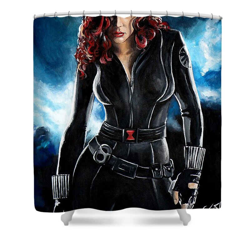 Scarlett Johansson Shower Curtain featuring the painting Black Widow by Tom Carlton