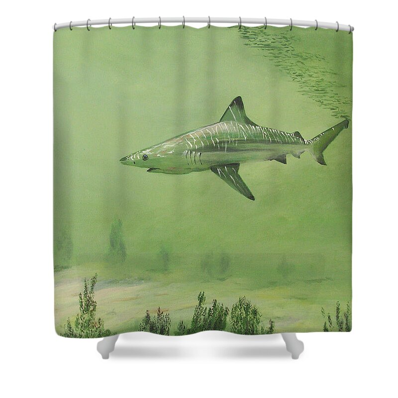 Atlantic Ocean Paintings Shower Curtain featuring the painting Blacktip Shark by John Moon