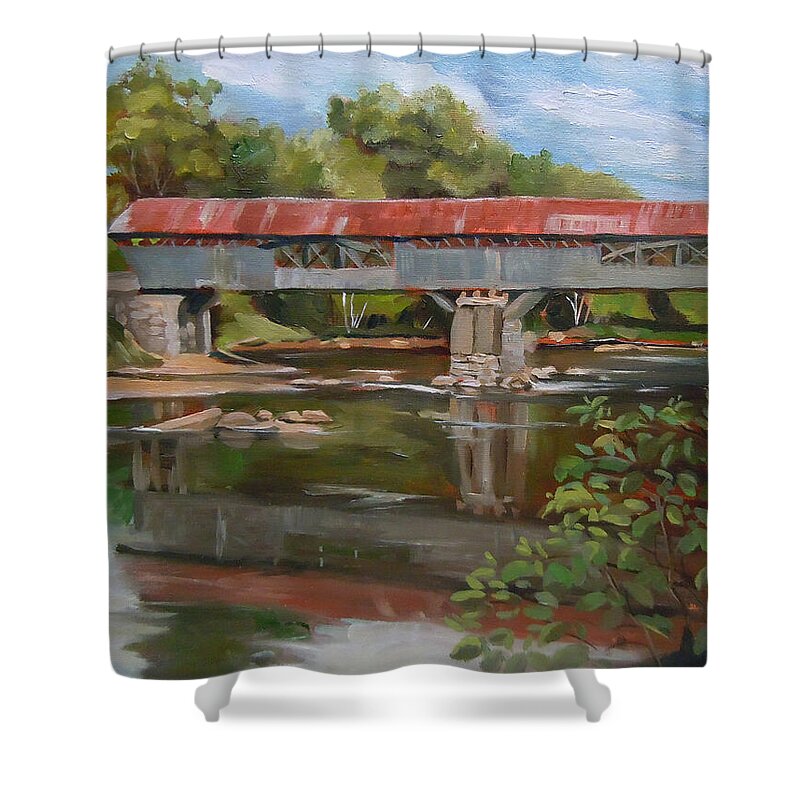 White Mountain Region Shower Curtain featuring the painting Blair Bridge Campton New Hampshire by Nancy Griswold