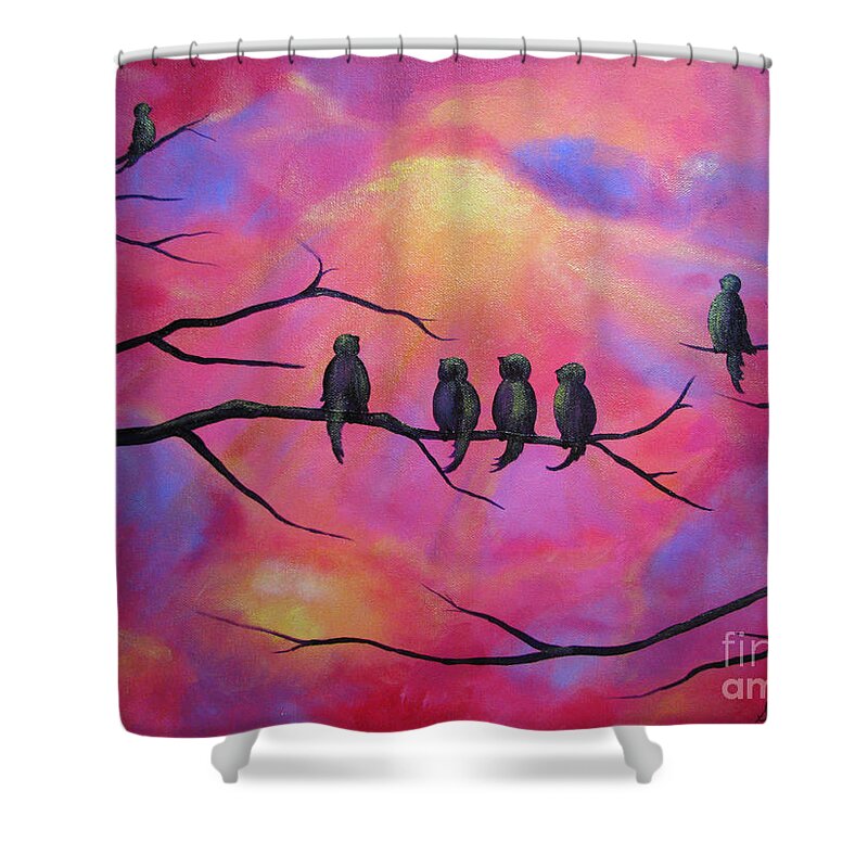 Birds Shower Curtain featuring the painting Blazing Ruby Sky by Stacey Zimmerman