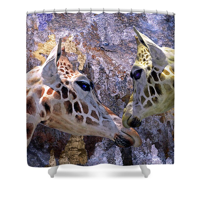 Animal Shower Curtain featuring the mixed media Blue Cave Giraffes by Lynda Lehmann