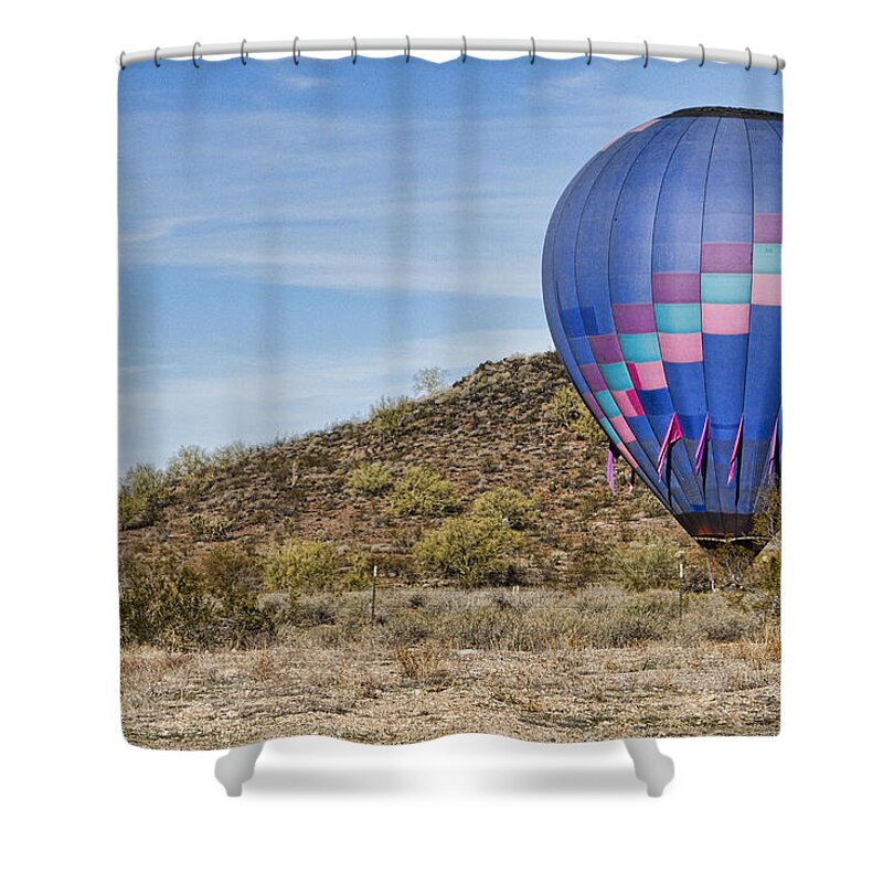 Balloon Shower Curtain featuring the photograph Blue Hot Air Balloon On The Desert by James BO Insogna