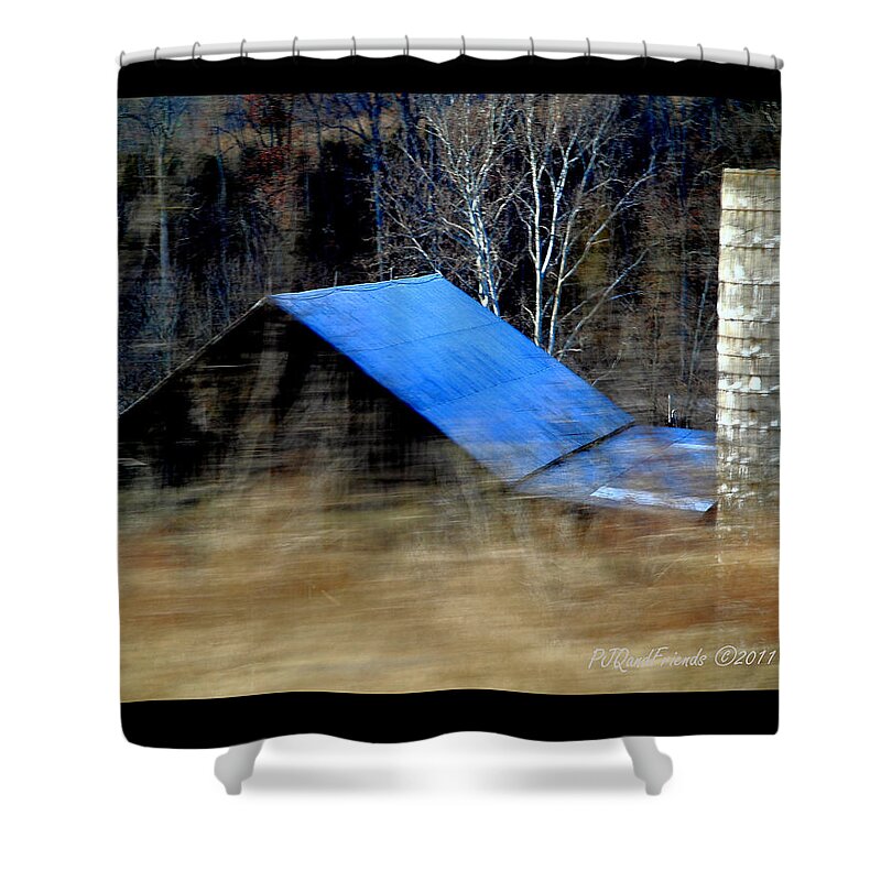 Barn Shower Curtain featuring the photograph 'Blue Roof Barn' by PJQandFriends Photography