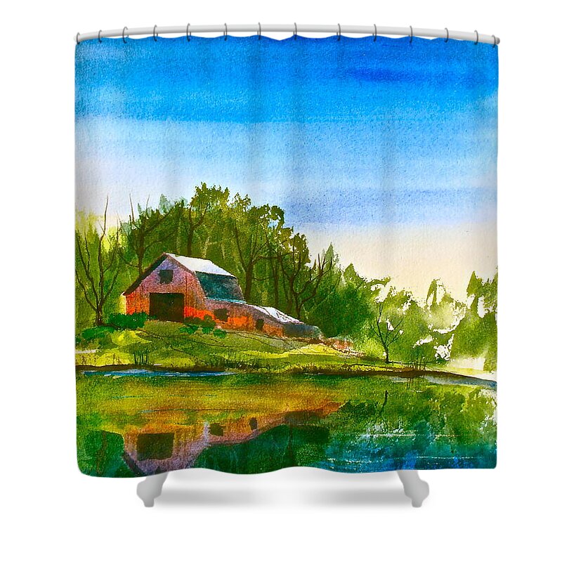Blue Shower Curtain featuring the painting Blue Sky River by Frank SantAgata