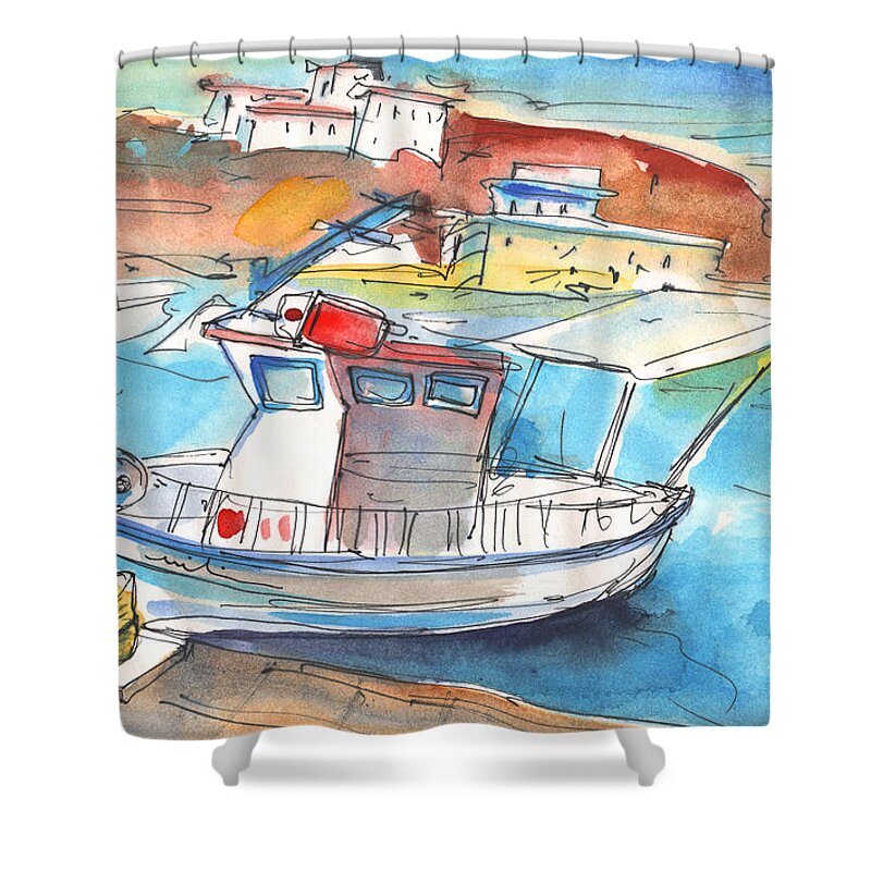 Travel Art Shower Curtain featuring the painting Boat in Agia Galini 01 by Miki De Goodaboom