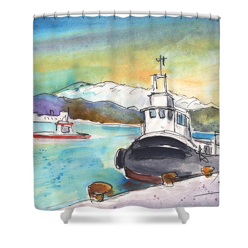 Travel Art Shower Curtain featuring the painting Boat in Agia Galini 02 by Miki De Goodaboom