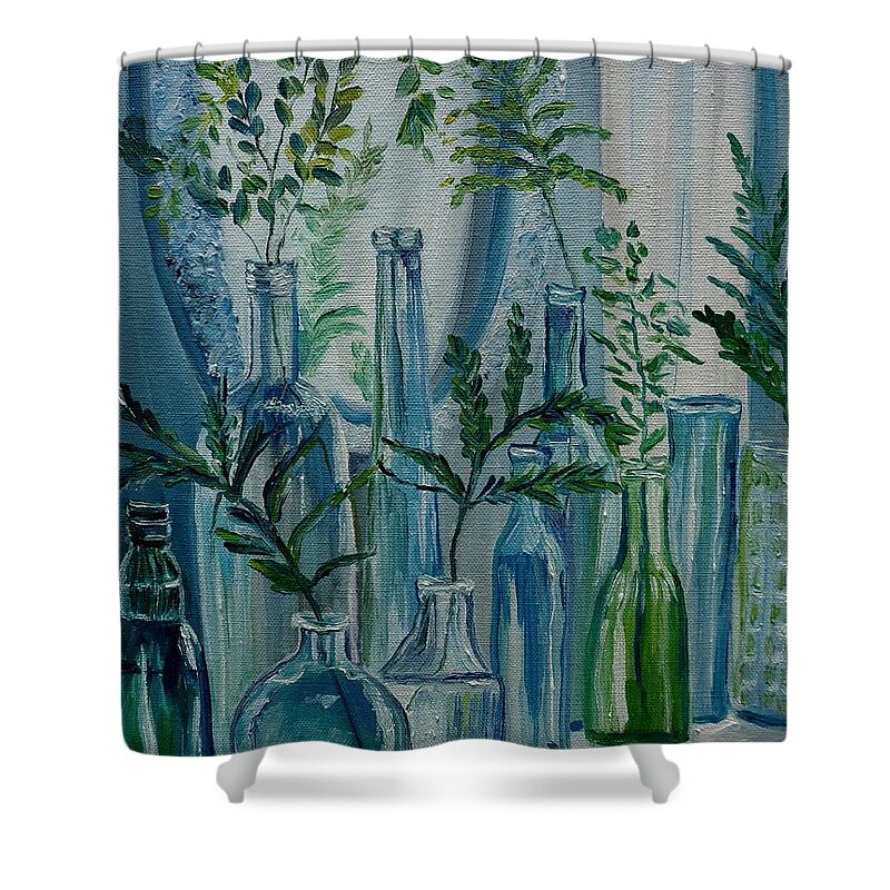 Bottles Shower Curtain featuring the painting Bottle Brigade by Julie Brugh Riffey