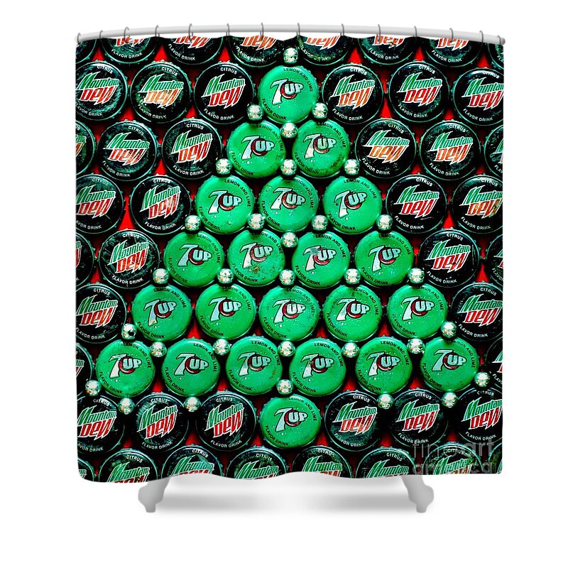 Christmas Shower Curtain featuring the mixed media Bottle Caps Christmas Tree by Christopher Shellhammer