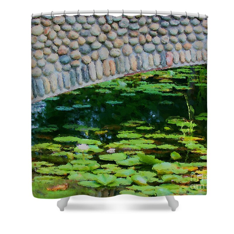 Bridge Shower Curtain featuring the painting Bridge And Lilypads by Smilin Eyes Treasures