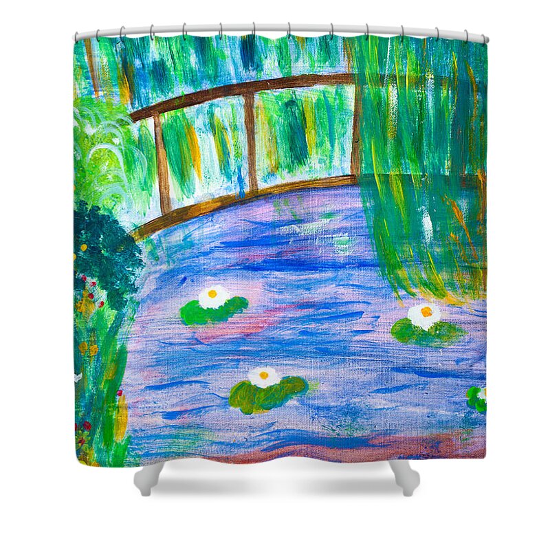 Acrylic Shower Curtain featuring the painting Bridge of lily pond by Simon Bratt