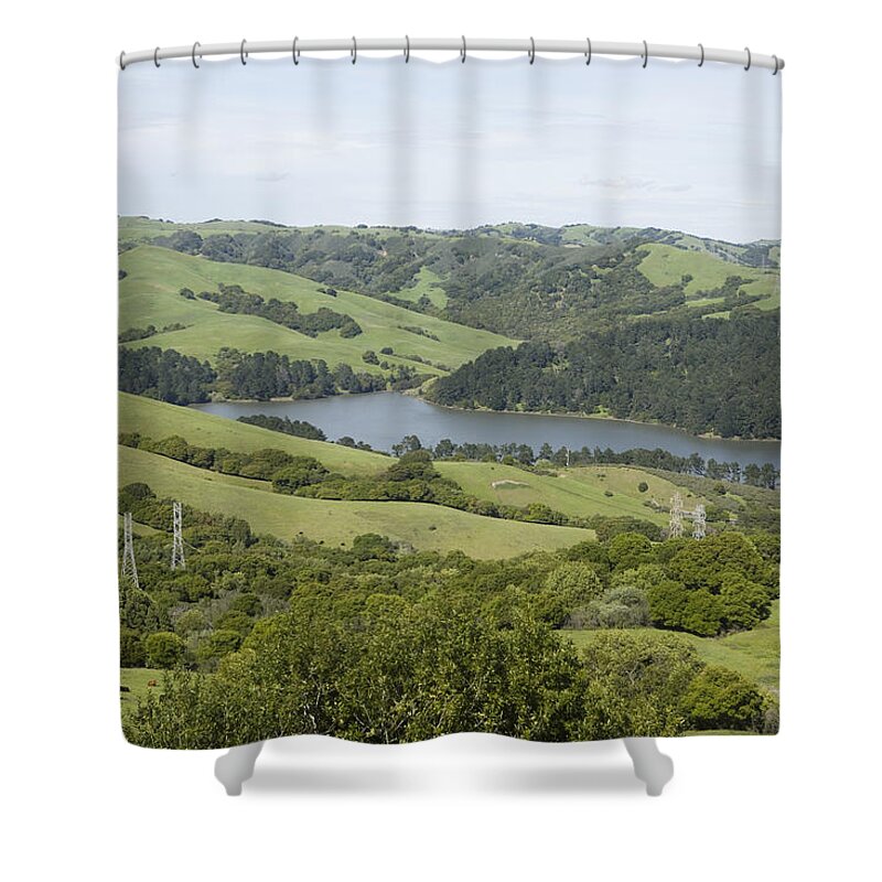 00465770 Shower Curtain featuring the photograph Briones Reservoir And Powerlines by Sebastian Kennerknecht