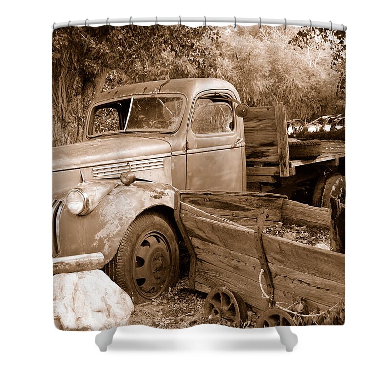 Broken Down Flatbed Wood Truck Vintage Rusted Busted Farming Equipment Rocks Ogden Utah Shower Curtain featuring the photograph Broken by Holly Blunkall