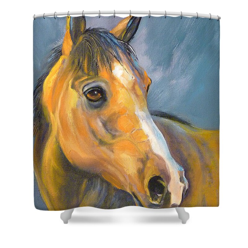 Horse Shower Curtain featuring the painting Buckskin Sport Horse by Susan A Becker