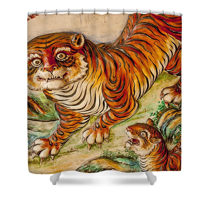 Animal Likeness Shower Curtain featuring the photograph Buddhist Temple Decorations In by Rowan Gillson