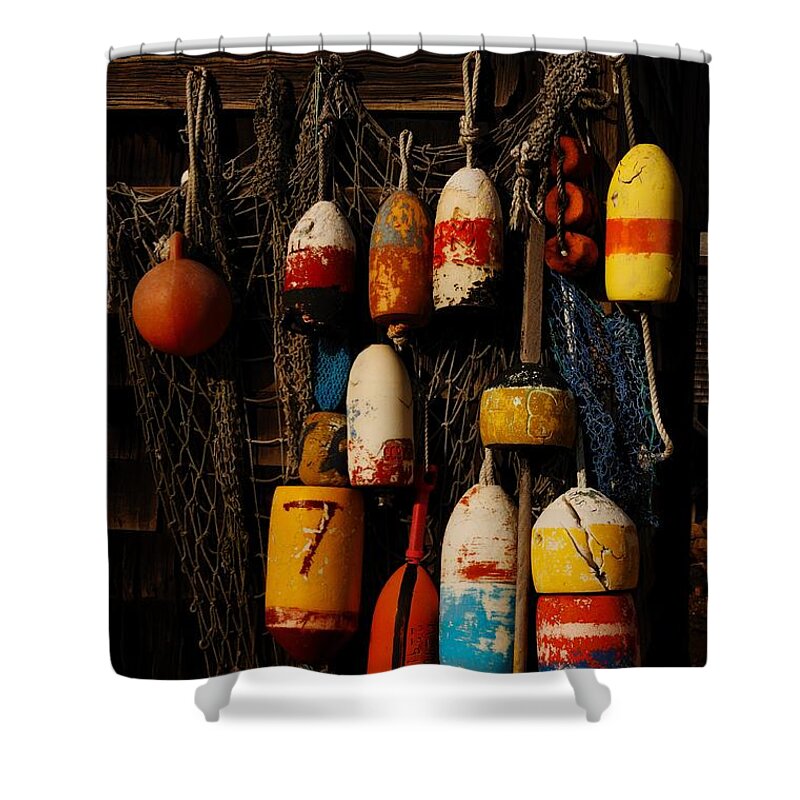 Rockport Shower Curtain featuring the photograph Buoys on Fishing Shack - Greeting Card by Mark Valentine