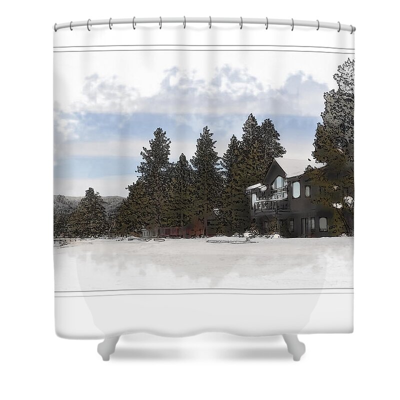 Lake Shower Curtain featuring the photograph Cabin in Snow with Mountains in Background by Brandon Bourdages