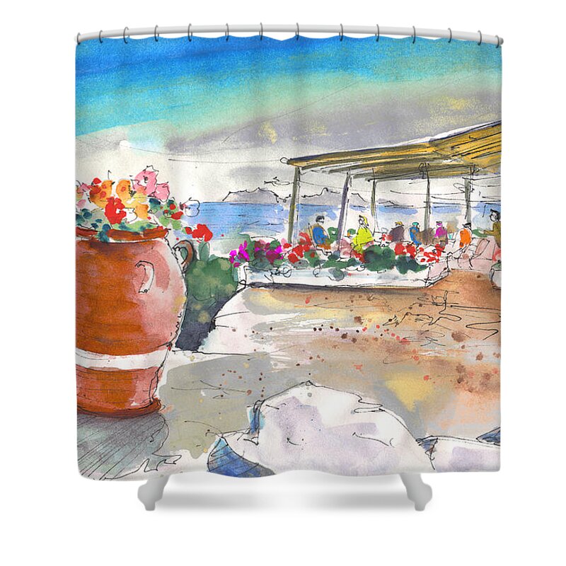 Travel Sketch Shower Curtain featuring the painting Cafe on Agios Georgios Beach by Miki De Goodaboom