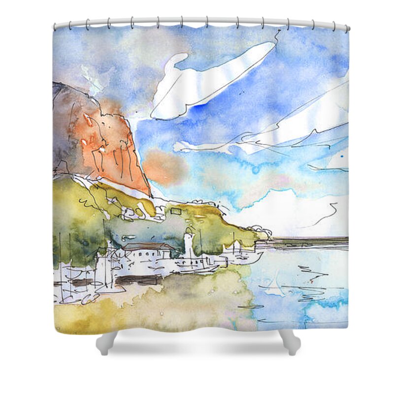 Travel Shower Curtain featuring the painting Calpe Harbour 06 by Miki De Goodaboom