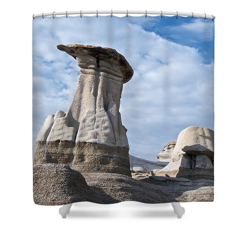 Hoodoos Shower Curtain featuring the photograph Capped Hoodoo And Clouds by David Kleinsasser
