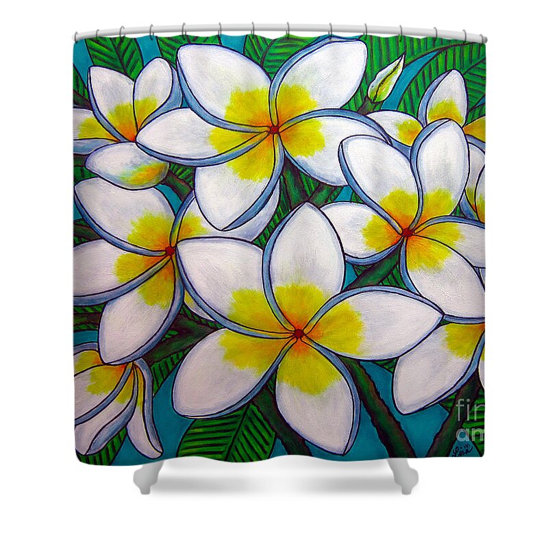Frangipani Shower Curtain featuring the painting Caribbean Gems by Lisa Lorenz