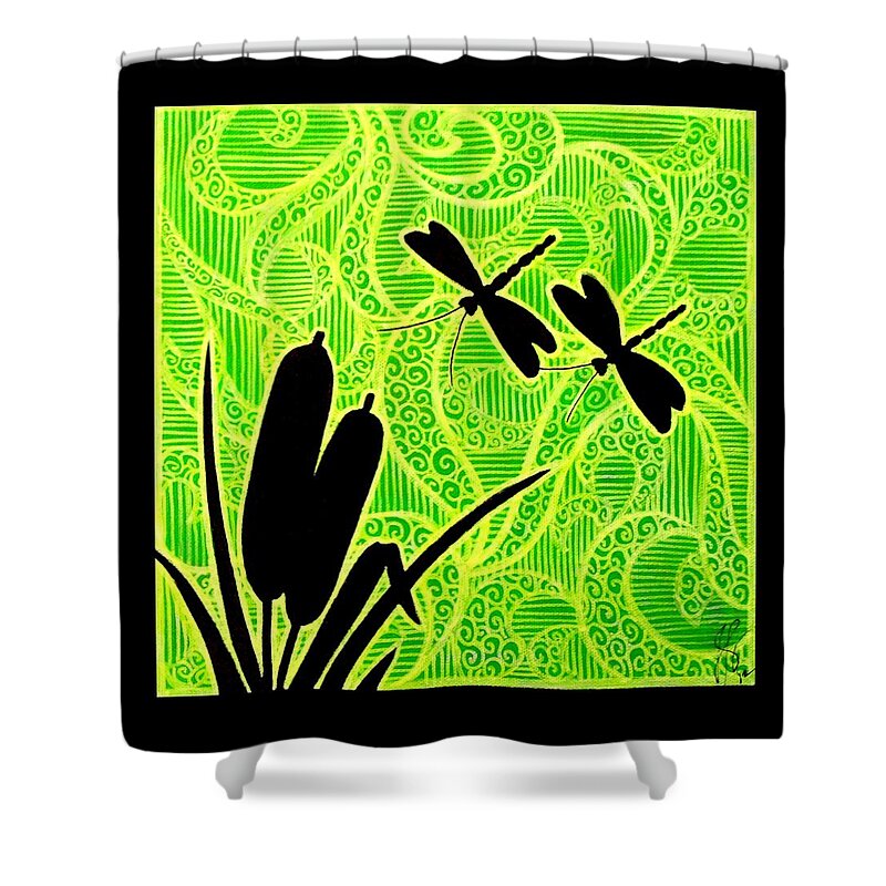 Cattails Shower Curtain featuring the painting Cattails and Dragonflies Silhouette by Jim Harris