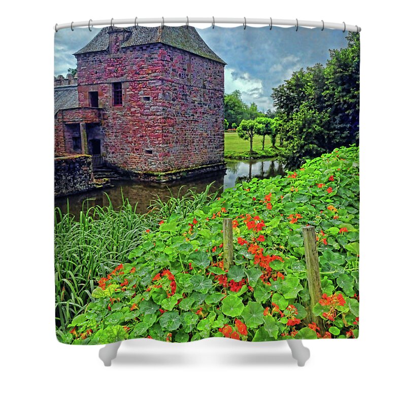 Chateau Shower Curtain featuring the photograph Chateau Tower and Nasturtiums by Dave Mills
