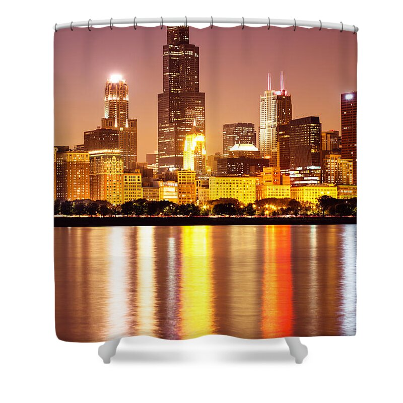America Shower Curtain featuring the photograph Chicago at Night with Willis-Sears Tower by Paul Velgos