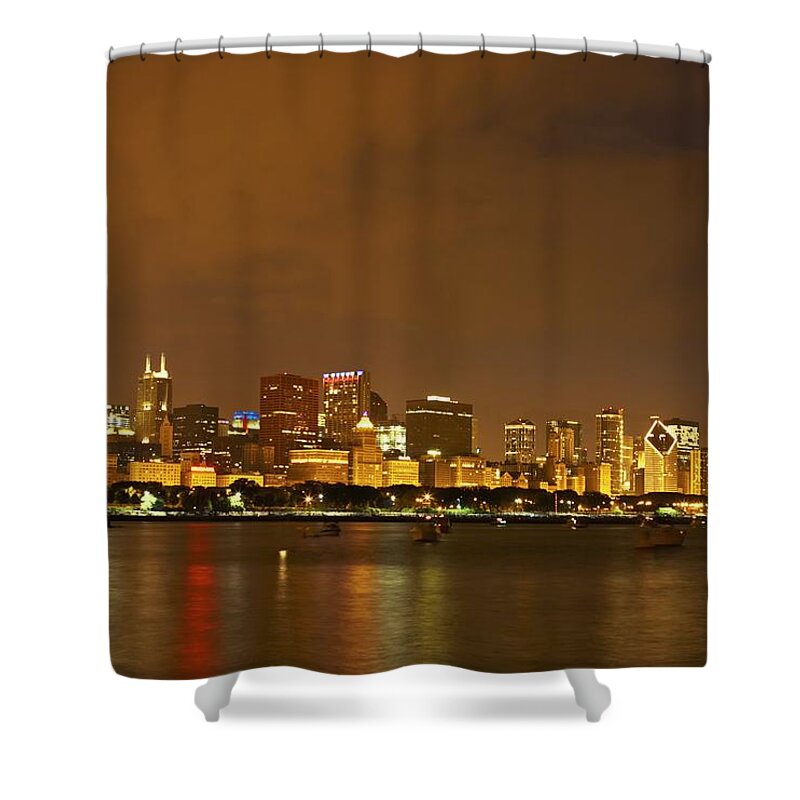 Horizontal Shower Curtain featuring the photograph Chicago Skyline At Night by Axiom Photographic