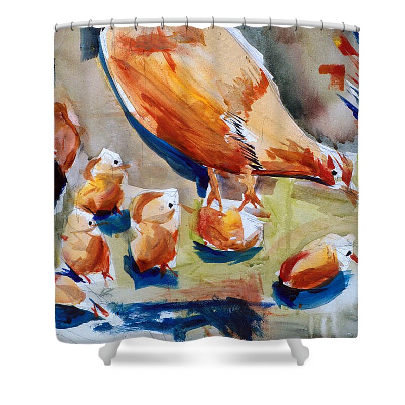 Chickens Shower Curtain featuring the painting Chickens Eating by John Gholson