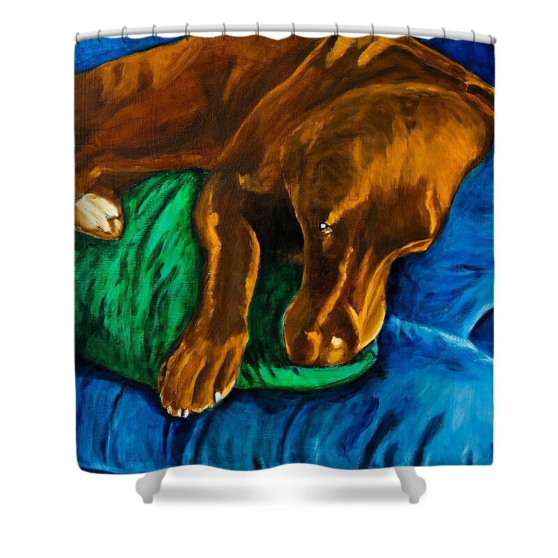 Labrador Retriever Shower Curtain featuring the painting Chocolate Lab On Couch by Roger Wedegis