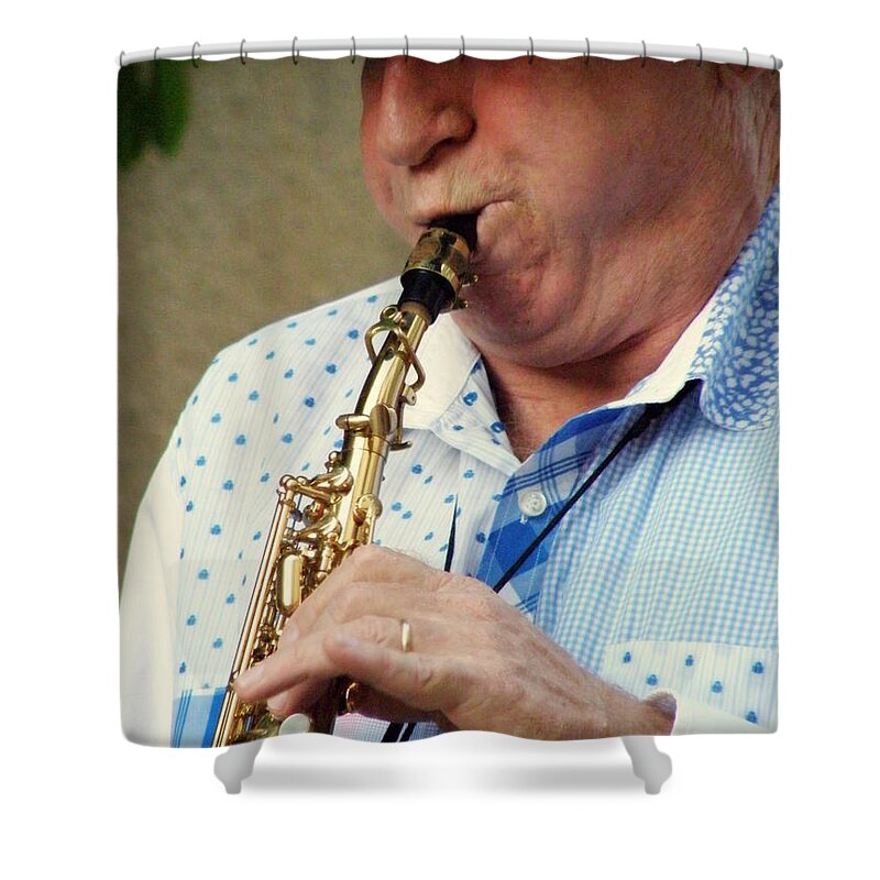 Christopher Mason Shower Curtain featuring the photograph Christopher Mason Alto Sax Player by Lainie Wrightson