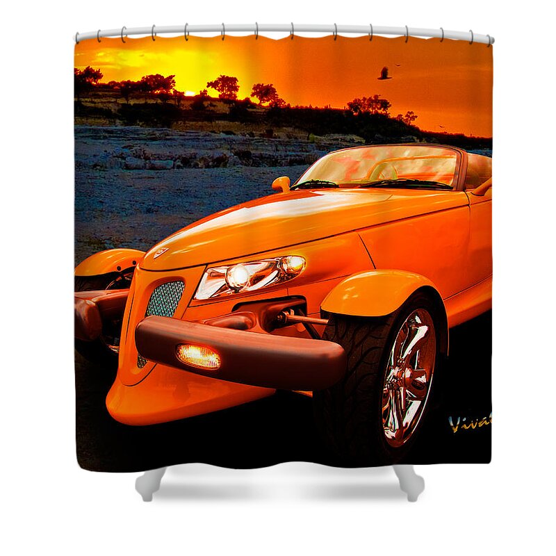 Chrysler Shower Curtain featuring the photograph Chrysler Plymouth Prowler Rocky Sunset by Chas Sinklier