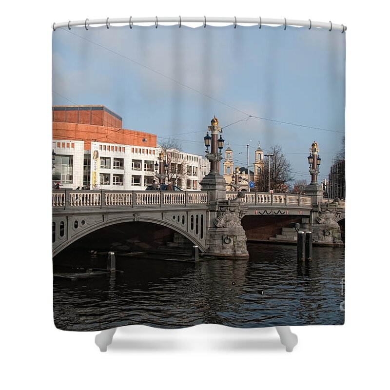 Along The River Shower Curtain featuring the digital art City Scenes from Amsterdam by Carol Ailles