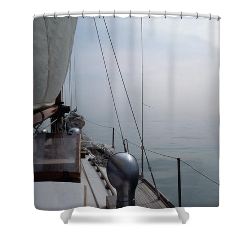 Sail Shower Curtain featuring the photograph Classic Wooden Sailboat with no Horizon off the Bow by John Harmon