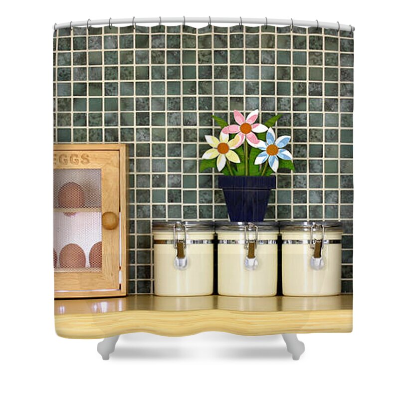 Block Shower Curtain featuring the photograph Clean kitchen worktop with kitchen items by Simon Bratt