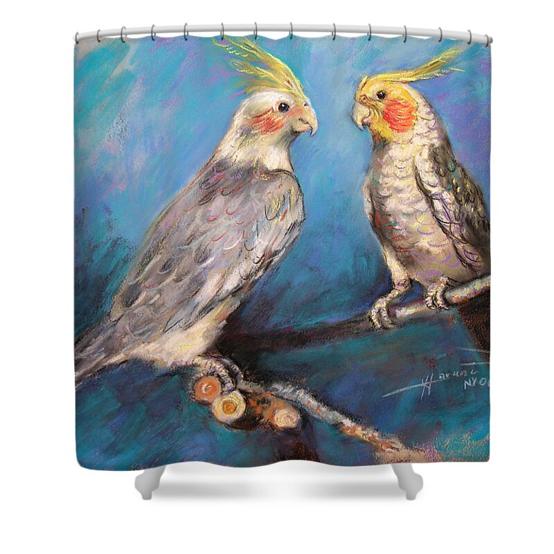 Coctaiel Shower Curtain featuring the pastel Coctaiel Parrots by Ylli Haruni