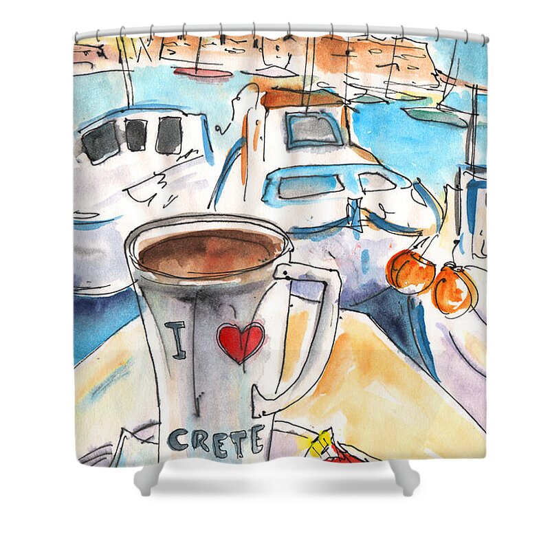 Travel Art Shower Curtain featuring the painting Coffee Break in Heraklion in Crete by Miki De Goodaboom