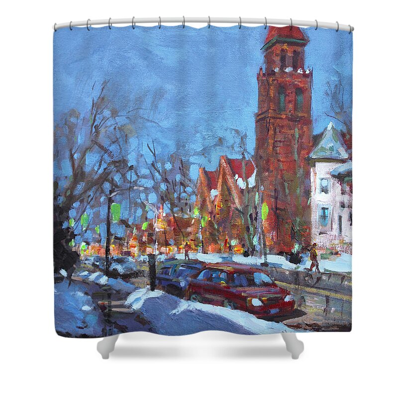 Elmwood Ave Shower Curtain featuring the painting Cold Morning in Elmwood Ave by Ylli Haruni