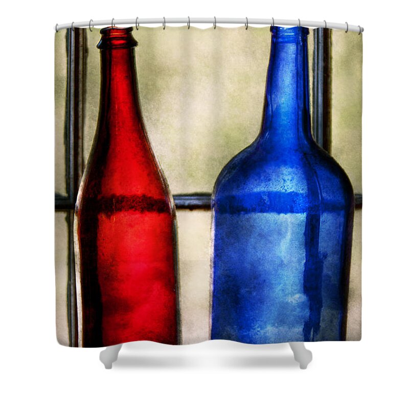 Wine Shower Curtain featuring the photograph Collector - Bottles - Two empty wine bottles by Mike Savad