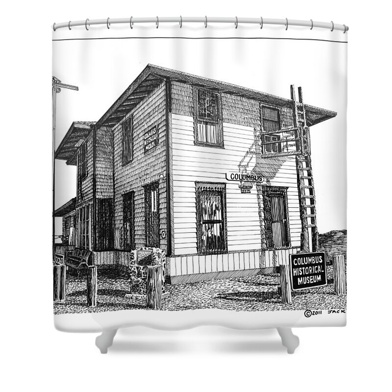 Framed Prints And Note Cards Of Ink Drawings Of Scenic Southern New Mexico. Framed Canvas Prints Of Pen And Ink Images Of Southern New Mexico. Black And White Art Of Southern New Mexico Shower Curtain featuring the drawing Columbus New Mexico by Jack Pumphrey
